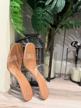 Zara Tan Slide Sandals with Clear Strap